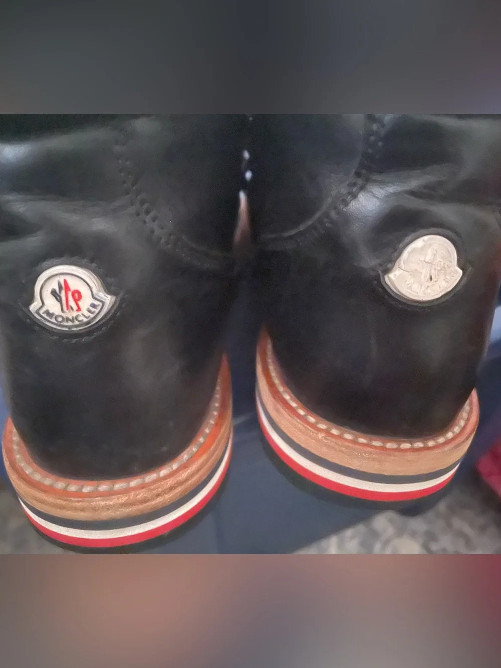 Moncler Black Leather Hiking Boot with Red White Blue Accent Laces
